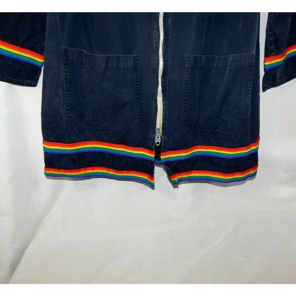 Vintage Grenfill Handicraft Blue Rainbow Trim Hooded Jacket Cotton Womens M / L - Picture 5 of 10